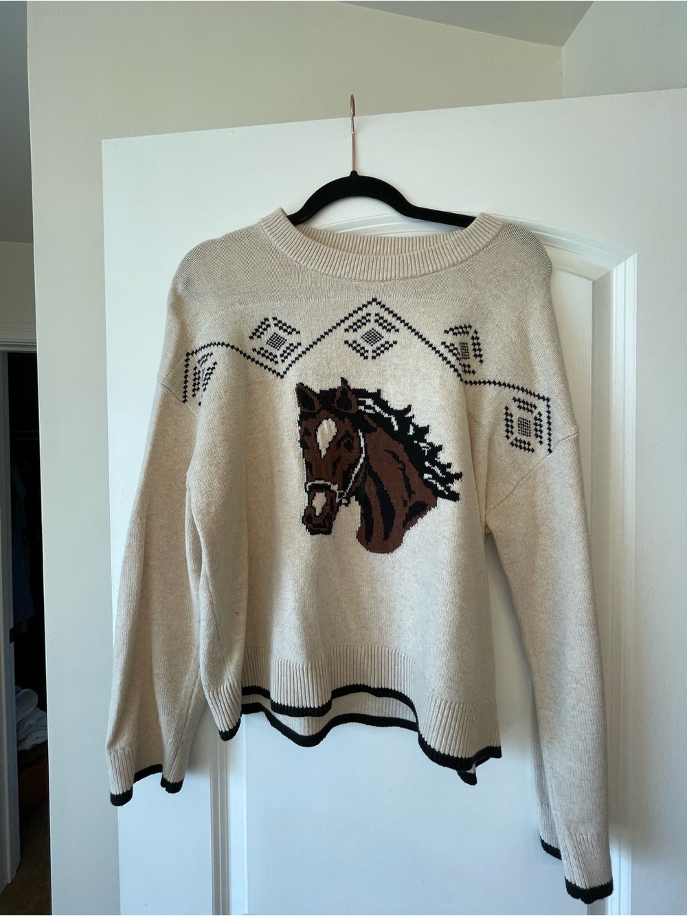 LOFT Cream Horse-Graphic Crewneck Sweater with Black Trim